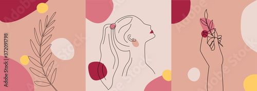 Vector illustration of minimal style cards. Beautiful backgrounds with plant branch, woman face and hand holding branch
