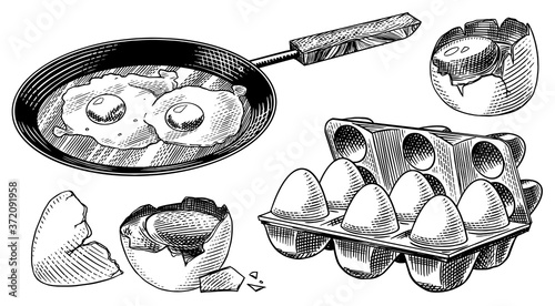 Frying pan with fried eggs and scrambled omelette, Shell and packaging. Farm product. Engraved hand drawn vintage sketch. Woodcut style. Vector illustration for menu or poster.