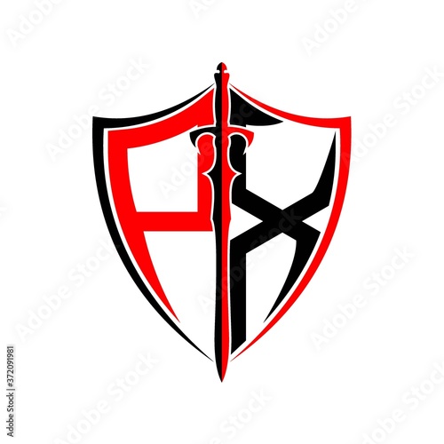 initials P X Shield Armor Sword for logo design inspiration