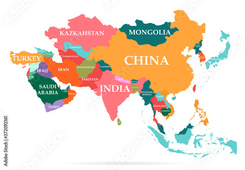 Vector illustration of colorful map. Asia continent with names of countries and borders isolated on white background