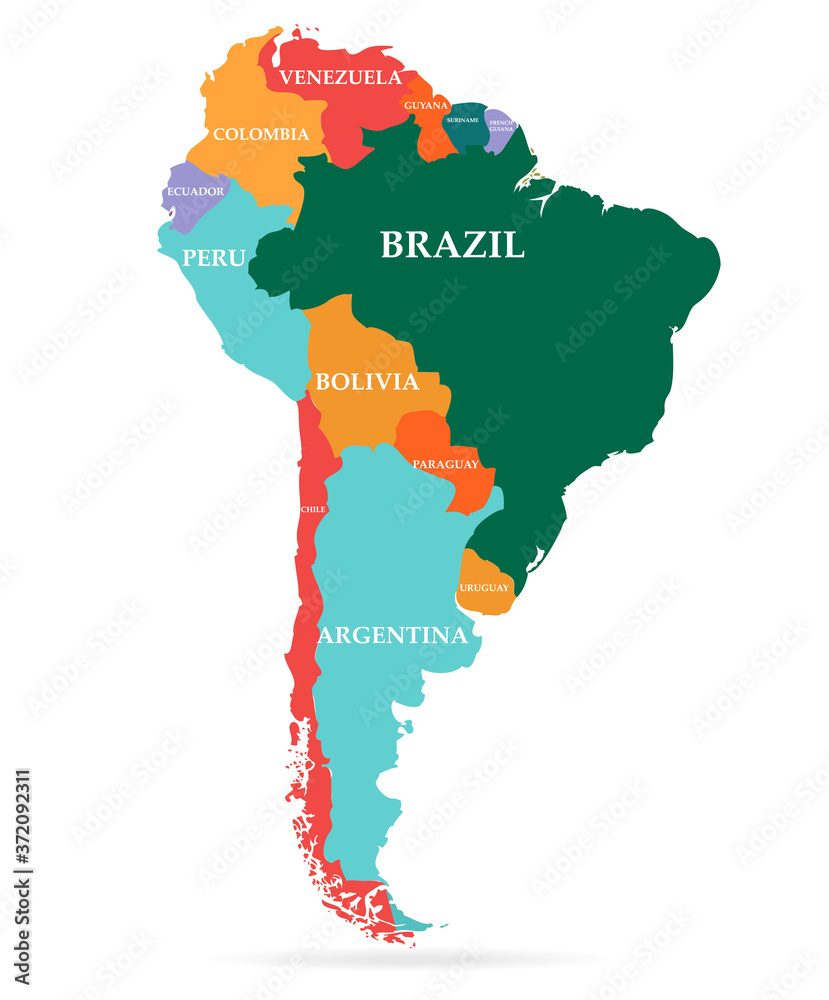 Fototapeta premium Vector illustration of colorful map. South America continent with names of countries and borders isolated on white background