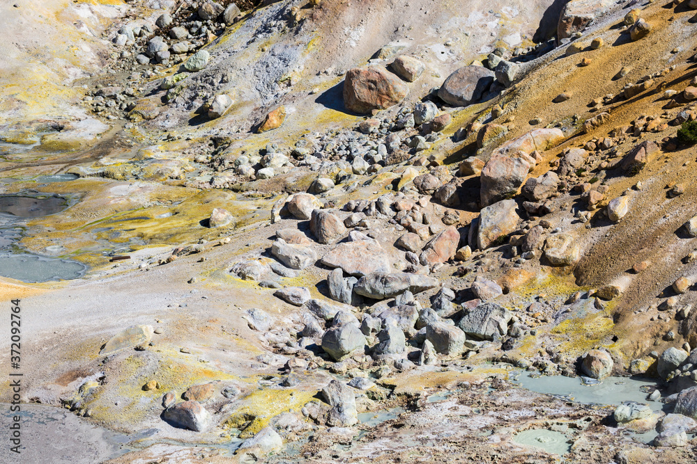 Landscape view of the geothermal features of Bumpass Hell in Lassen Volcanic National Park (California). Landscape view of the geothermal features of Bumpass Hell in Lassen Volcanic National Park (California).
