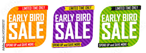 Set Early Bird Sale banners, discount tags design template, vector illustration