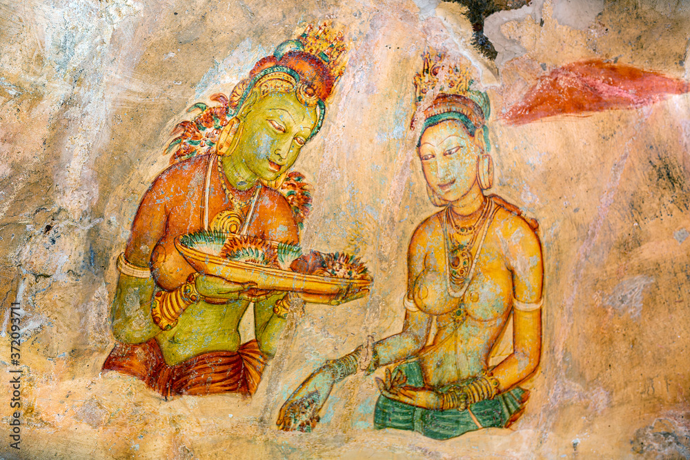 Wall murals of Sigiriya in Sri Lanka. Ancient frescoes on the rock