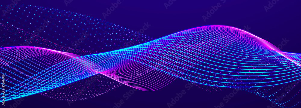 Lights background. Colored music wave. Big data digital code. Futuristic dots Illustration. 3D