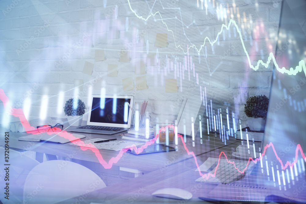 Multi exposure of stock market chart drawing and office interior background. Concept of financial analysis. Multi exposure of stock market chart drawing and office interior background. Concept of financial analysis.