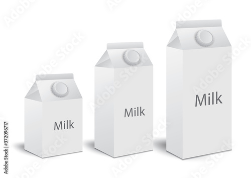 Milk boxes, Juice boxes set Vector realistic. Mock-up packages. White paper drink packaging 3D.