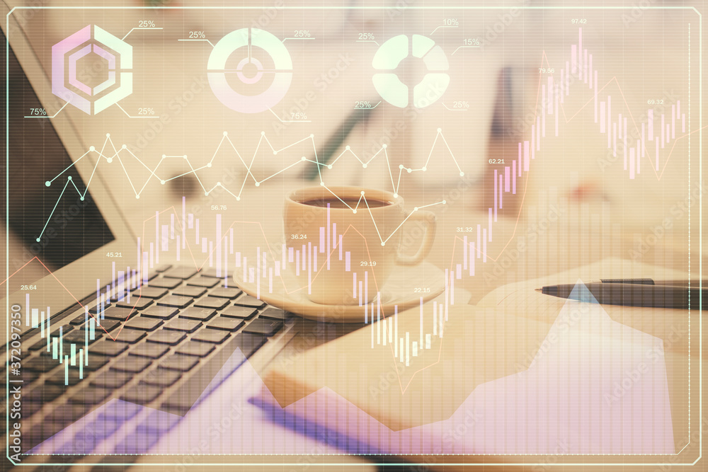 Double exposure of financial chart drawing and desktop with coffee and items on table background. Concept of forex market trading Double exposure of financial chart drawing and desktop with coffee and items on table background. Concept of forex market trading
