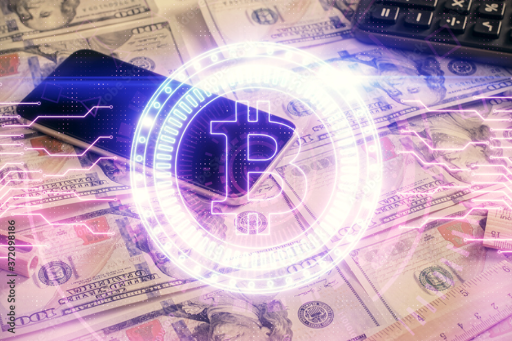 Multi exposure of crypto theme drawing over us dollars bill background. Concept of blockchain success. Multi exposure of crypto theme drawing over us dollars bill background. Concept of blockchain success.