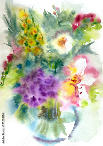 Abstract summer bouquet of garden flowers, watercolor painting, print for art poster and other designs.