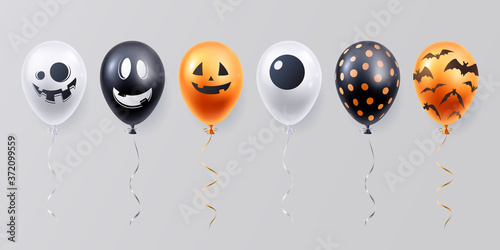 Collection of funny halloween balloons with spooky face. White, black and orange balloon set. Decoration element for halloween celebration. Vector illustration.