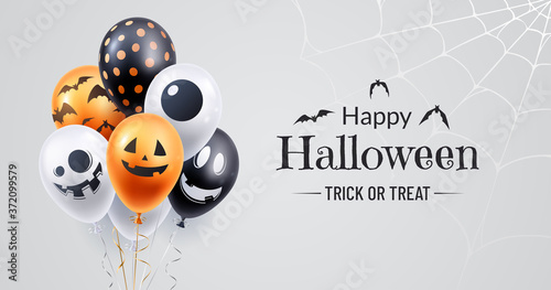 Happy halloween banner design. Halloween background with a bunch of helium balloons and spooky spiderweb in the corner. Use for party invite, greeting card, sales announcement. Vector illustration.