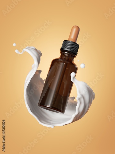 Fényképezés 3d render, brown glass jar with pipette dropper levitate inside white liquid splash isolated on orange background