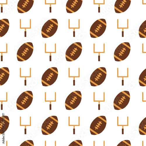 American Football hand drawn seamless vector pattern with collection of sports equipment. Repeating background with goal posts and footballs. For fabric, packaging, super bowl party invitation, flyer