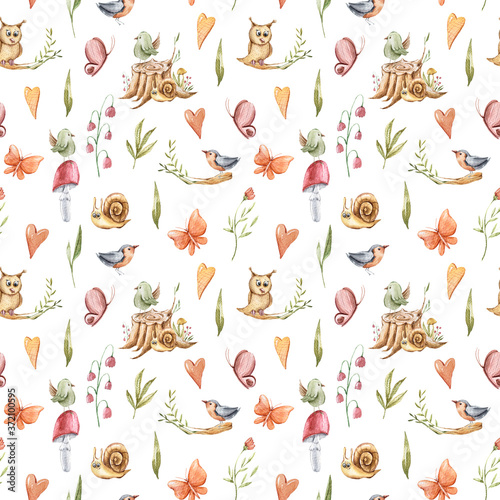 Autumn seamless pattern with snail, bird, mushroom, berry, yellow oak leaves to create a fabric background, scrapbook paper, kids wallpaper, Halloween greeting card. Perfect for kids textile, clothes
