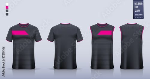 Black Pink T-shirt mockup or sport shirt template design for soccer jersey, football kit. Tank top for basketball jersey, running singlet. Fabric pattern design for sport uniform. Vector Illustration.