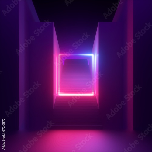 3d render, abstract modern minimal ultraviolet background, pink neon light glowing square, rectangular frame. Empty staircase perspective, architectural portal entrance. Futuristic urban concept
