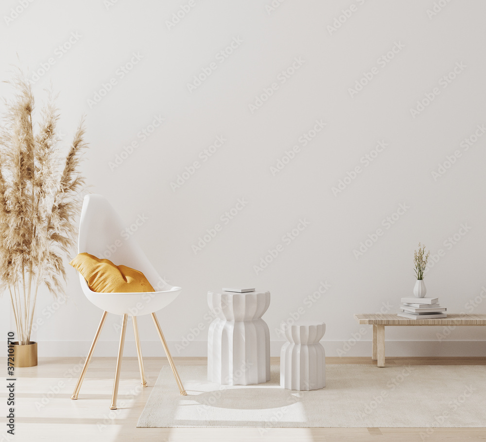Ilustrace „modern interior background for mock up with empty white wall,  chair and pampas grass, luxury living room interior background,  scandinavian style, 3d rendering“ ze služby Stock | Adobe Stock