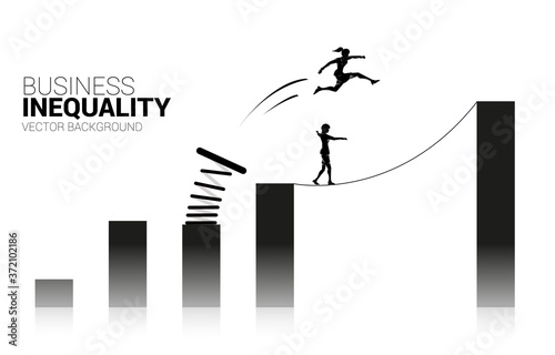 Silhouette of businesswoman jump to higher column of graph with springboard over other on rope walk. Concept of boost and growth in business. Business inequality.