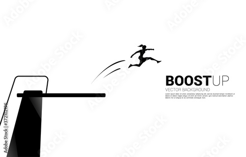 Silhouette of businesswoman jump higher with springboard. Concept of boost and growth in business.