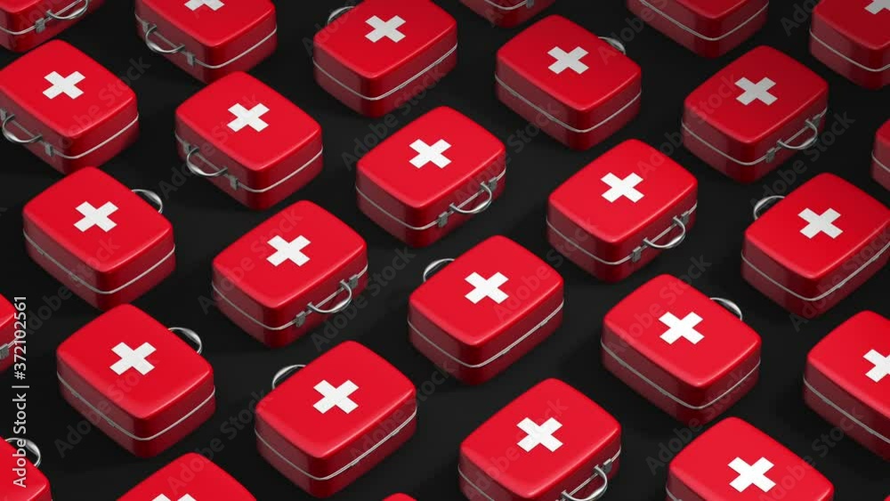 3D animation of slow motion of red and white medical suitcases on a dark and light background. Emergency help from COVID19. Looped animation
