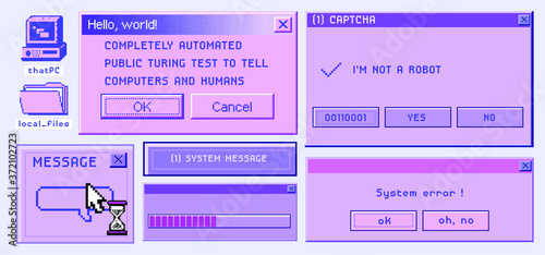 Old user interface elements, retro message box with buttons. Vaporwave and retrowave style aesthetics.
