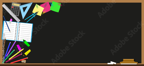 Back to school concept.Vector illustration of a black chalkboard and school supplies,space for text,graphic elements for poster or website banner. 