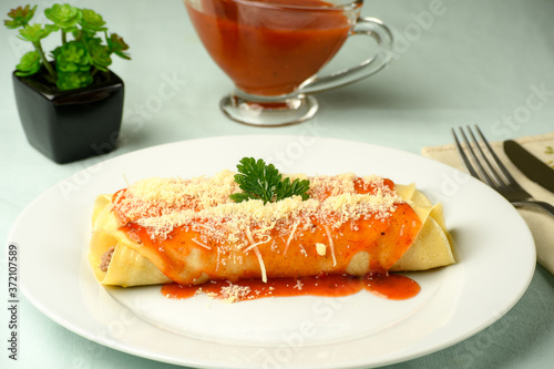 delicious meat pancake tomato sauce parmesan cheese photo