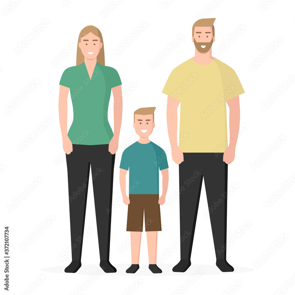 Fototapeta premium Familia. Familia tradicional. Padre, madre e hijo. Concepto de seguro médico familiar. Ilustración vectorial estilo plano aislado en fondo blanco