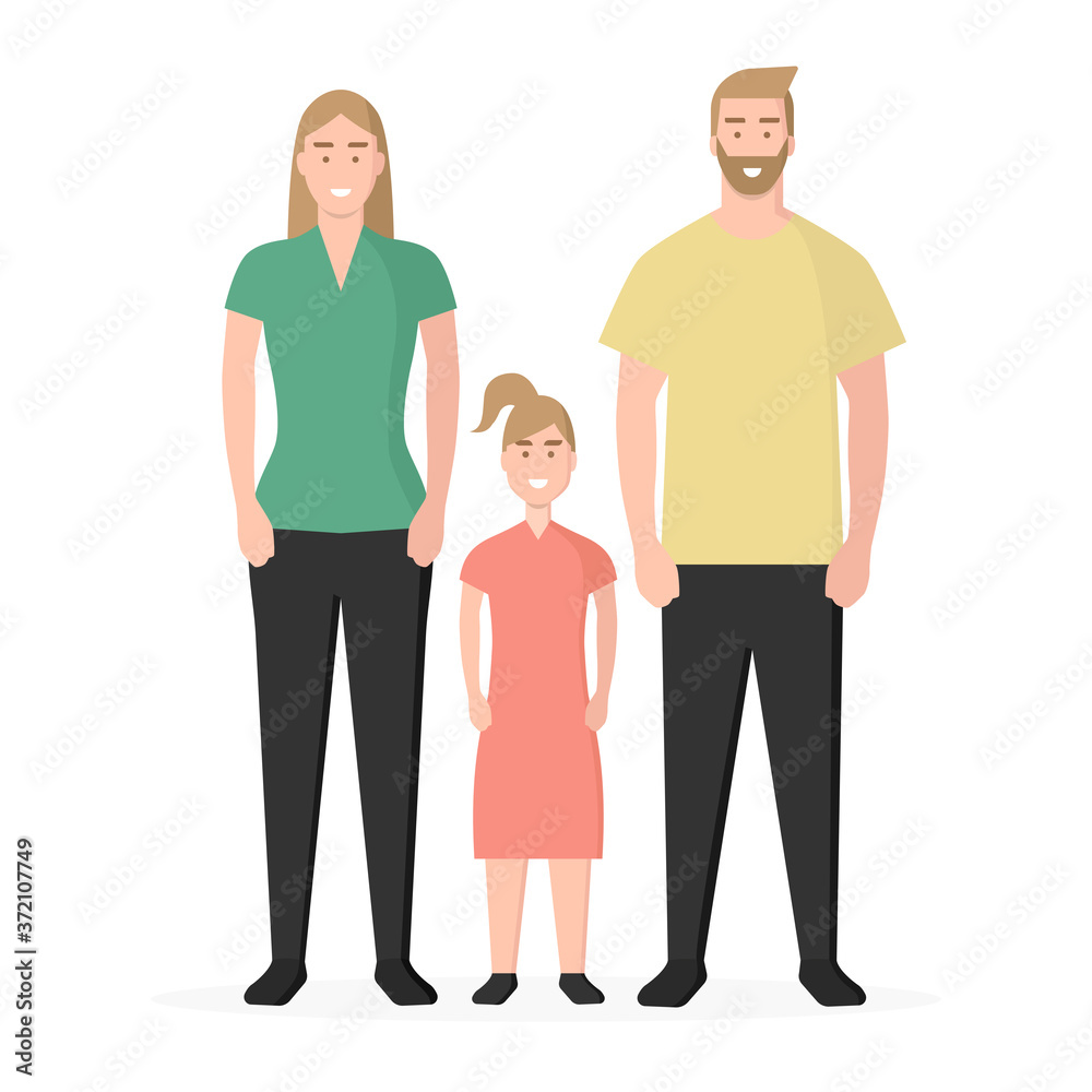 Fototapeta premium Familia. Familia tradicional. Padre, madre e hija. Concepto de seguro médico familiar. Ilustración vectorial estilo plano aislado en fondo blanco