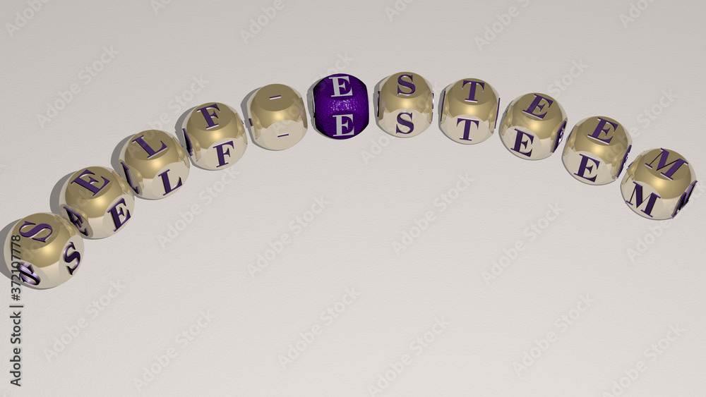 SELF ESTEEM text of dice letters with curvature, 3D illustration SELF ESTEEM text of dice letters with curvature, 3D illustration