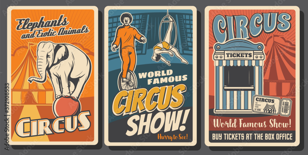 Circus performers retro vector posters. Funfair carnival, clowns and acrobats. Big top circus tent tamed elephant on ball, aerial equilibrist and funster on monbicycle. Ticket box office vintage cards