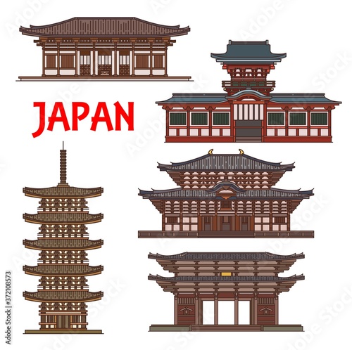 Japanese temples and shrines pagodas, Japan Nara Buddhism architecture vector landmarks. Todaiji and Kofukuji Shinto pagoda tower, Kasuga Grand Shrine or Kasuga-taisha and Nandaimon Gates