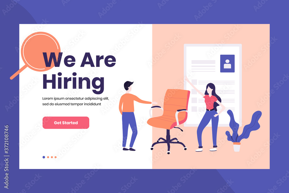 Landing Page Header We Are Hiring concept. Vacant position. Empty Office Chair. Can be used for Template, UI, Website, Mobile Application, Poster, Banner. Flat vector illustration. Hand drawn style