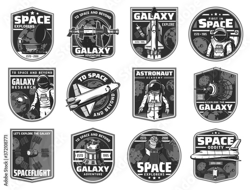 Outer space exploration, galaxy adventure black and white icons. Spaceships and artificial satellites, orbital telescope and shuttle orbiter, astronaut in outer space monochrome illustrations set