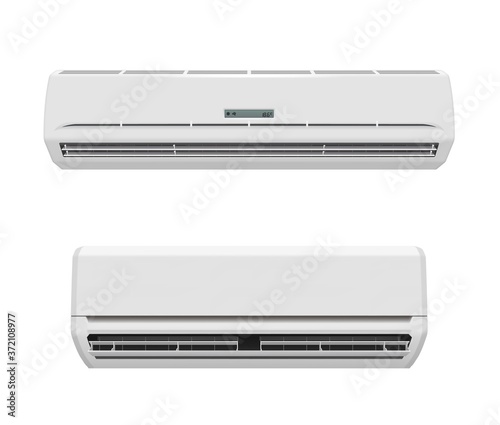 Air conditioners with cold or hot wind realistic vector mockup. Indoor units of conditioning split system or climate control 3d objects with horizontal louvers and display panel, household appliances