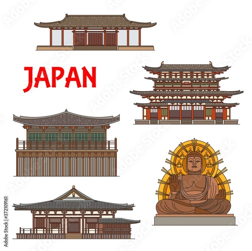 Japanese temples, shrines and pagodas in Nara, Japan, vector Buddhism architecture, Buddha statue landmark. Sangatsu-do, Nigatsudo and Sin Yakushiji, temples, Big Buddha and Kondo monastery main hall