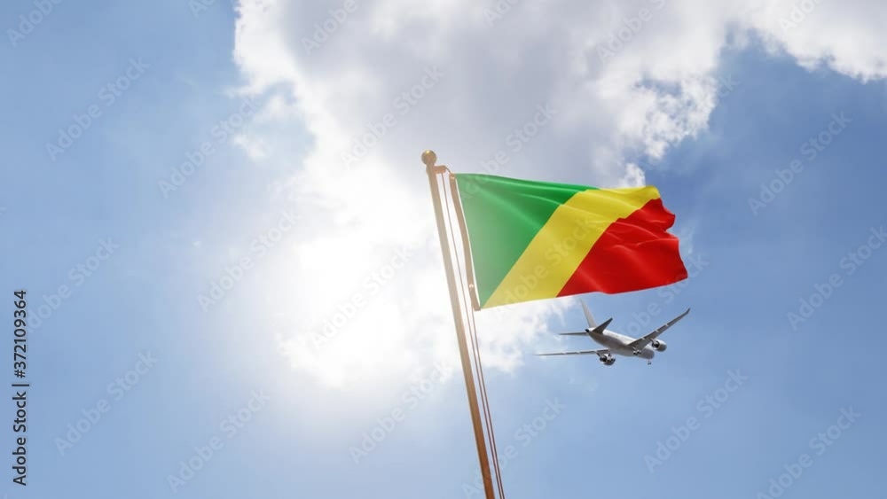 Flag of Republic of the Congo Waving with Airplane arriving or departing, Realistic Animation Flag of Republic of the Congo Waving with Airplane arriving or departing, Realistic Animation