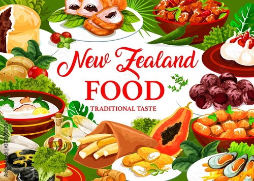 New Zeland cuisine, vector dishes pork with apples and prunes, afghan cookies. Pavlova cake, oyster soup, meat pie, fish and potatoes. Roast lamb with chutney, baked pork with vegetables NZ food meals