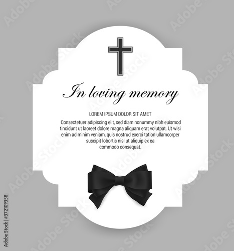 Funeral vector card, obituary memorial frame, necrologue or tomb engraving template. Funerary card with typography in loving memory, christian cross and black mourning neck tie, funeral condolence