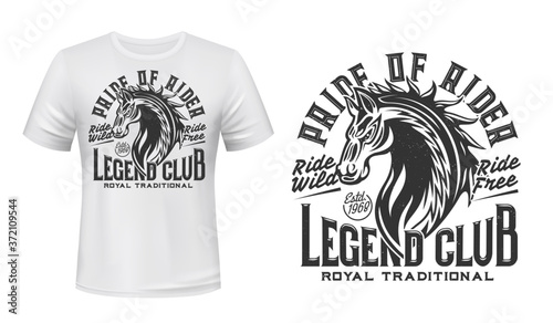 Horse riding club t-shirt vector print. Wild horse stallion head with waving mane engraved illustration and retro typography. Equestrian sport club apparel custom print mockup