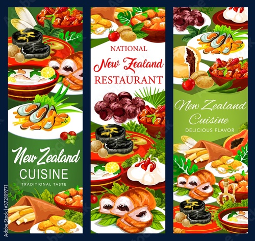 Fototapeta Naklejka Na Ścianę i Meble -  New Zeland food cuisine, vector pork with apples and prunes, afghan cookies, Pavlova cake, mussels with cheese, oyster soup, steak, meat pie, roast lamb with chutney, baked pork with vegetable banners
