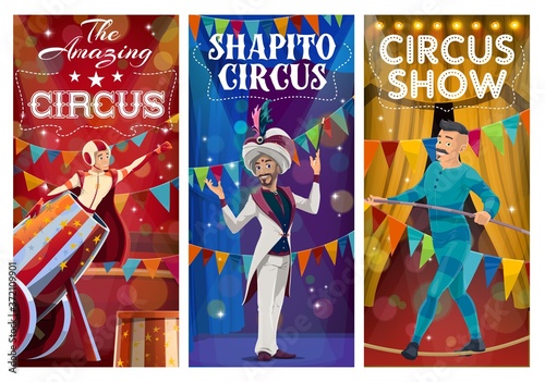 Top tent circus characters banners. Vector cartoon magician, rope walker balancer and man cannonball performing tricks on big top arena. Circus show with artists, carnival amusement entertainment