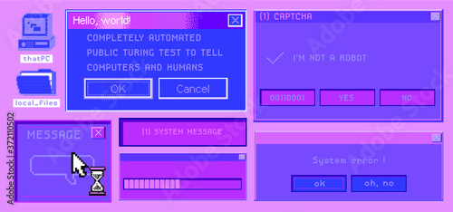 Old user interface elements, retro message box with buttons. Vaporwave and retrowave style aesthetics.