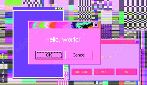 Old user interface elements, retro message box with buttons. Vaporwave and retrowave style aesthetics.