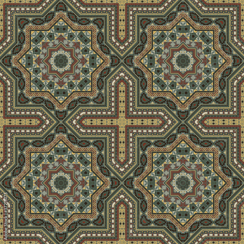 Subtle victorian majolica tile seamless ornament. Ethnic structure vector motif. Textile print design. Stylized spanish mayolica tilework endless pattern. Interior decor template.