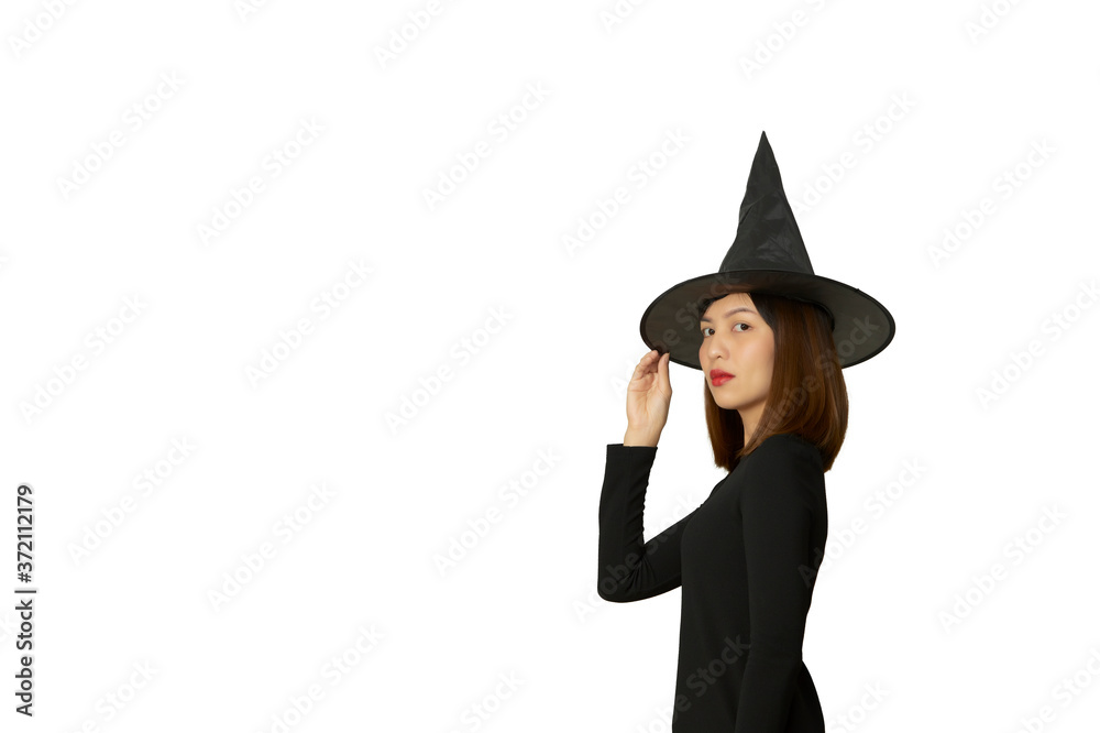 Asian woman wear witch for halloween party
