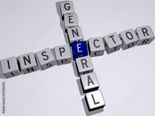 Inspector General crossword by cubic dice letters, 3D illustration for business and engineer