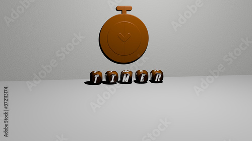 timer 3D icon on the wall and text of cubic alphabets on the floor, 3D illustration for clock and background