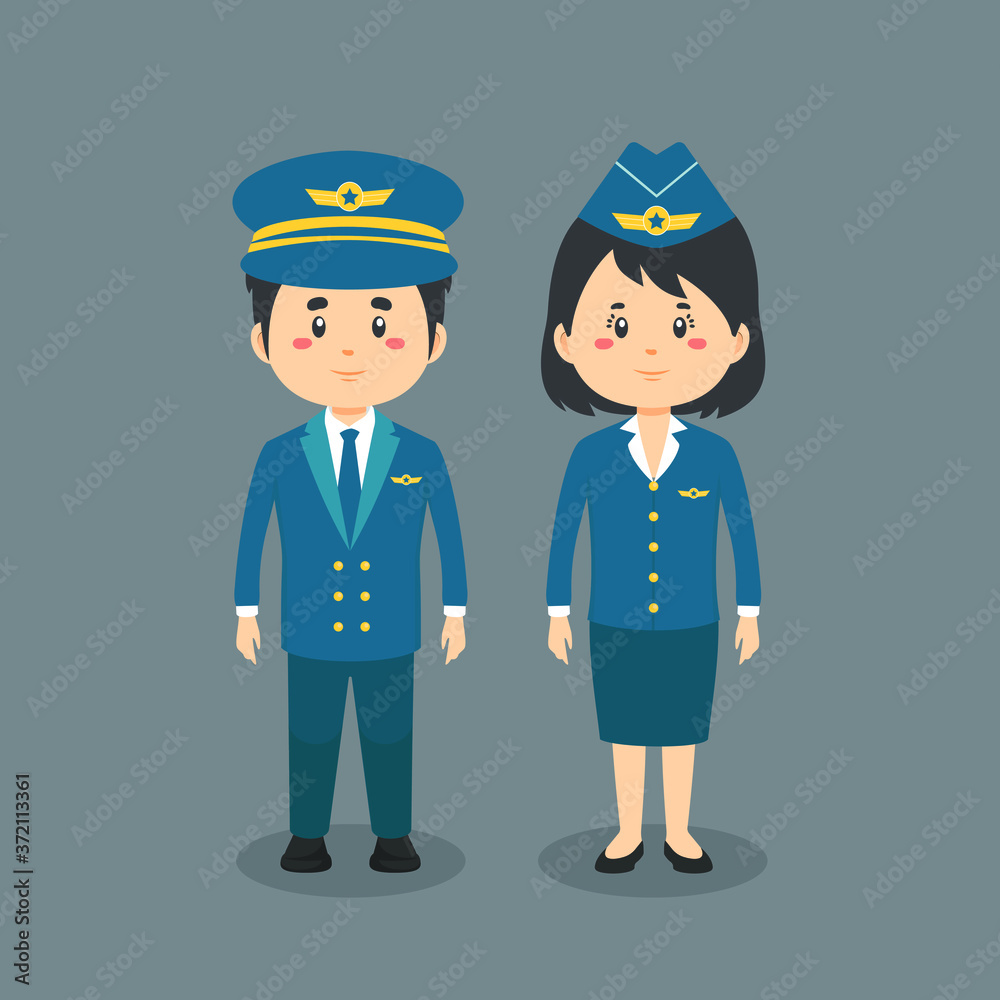 Couple Character Wearing Pilot and Stewardess Uniform Couple Character Wearing Pilot and Stewardess Uniform